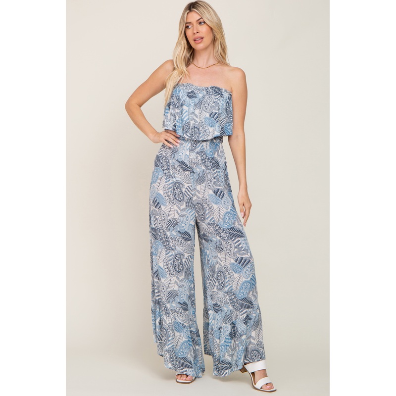 Blue Printed Strapless Ruffle Hem Jumpsuit