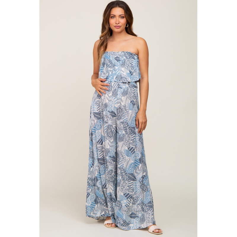 Blue Printed Strapless Ruffle Hem Maternity Jumpsuit