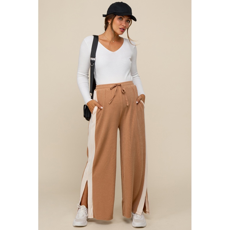 Camel Contrast Stripe Side Slit Maternity Pants
