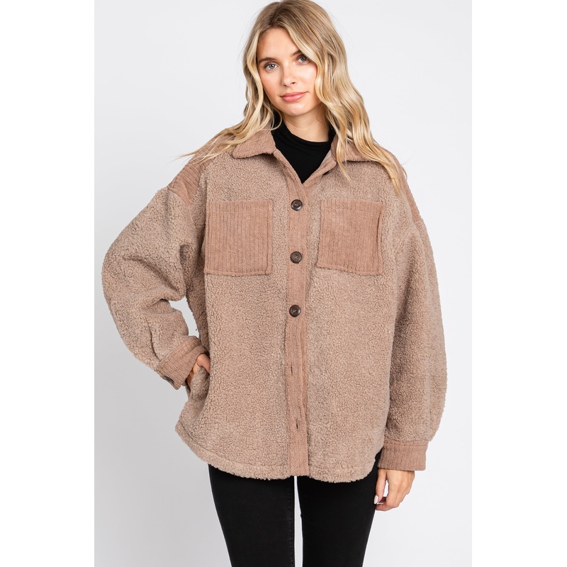 Mocha Colorblock Fleece Shirt Jacket
