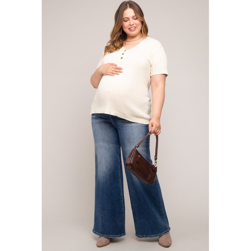 Navy Blue Maternity Plus Wide Leg Jeans