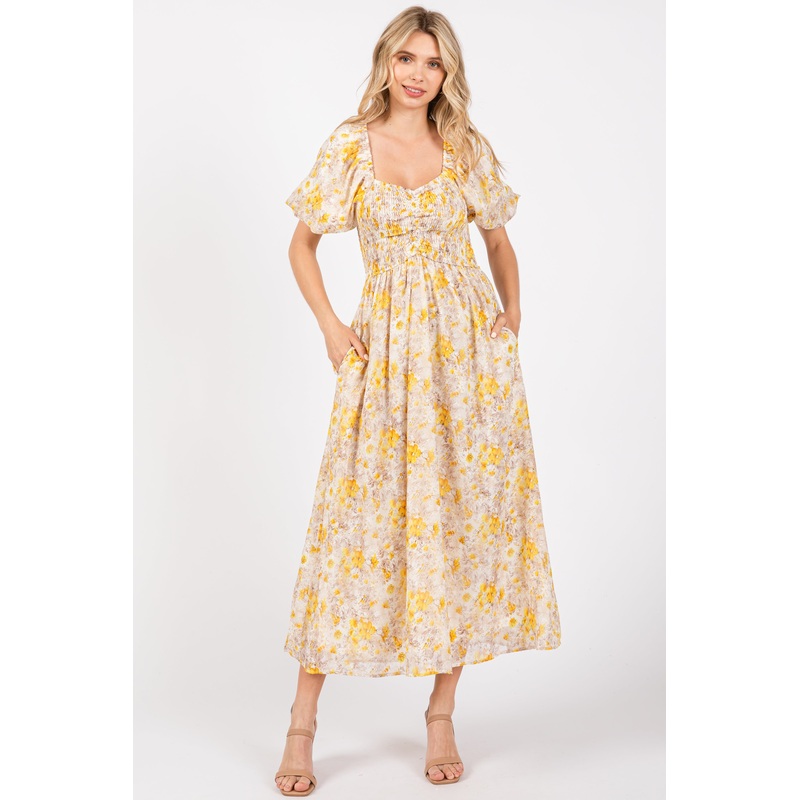 Yellow Floral Smocked Sweetheart Neck Short Puff Sleeve Midi Dress