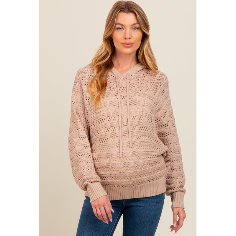 Beige Pointelle Knit Maternity Sweater
