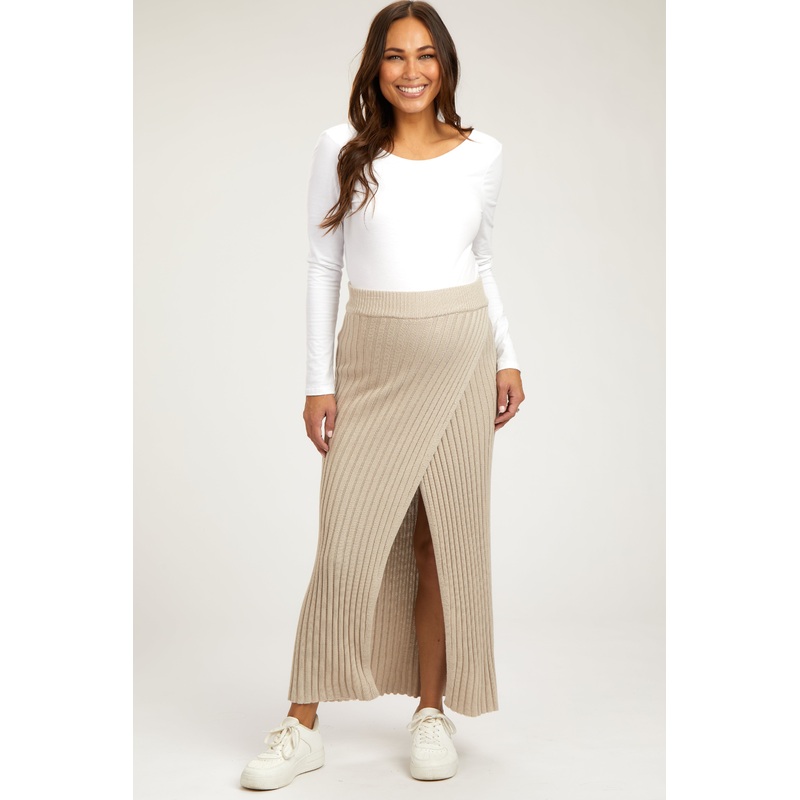 Beige Ribbed Knit Wrap Maternity Maxi Skirt