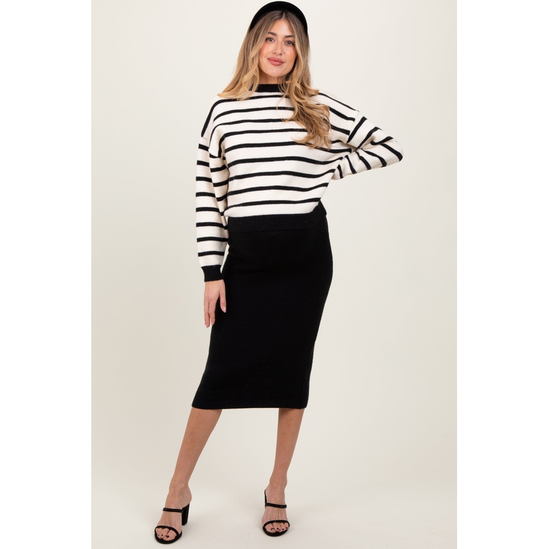 Black White Combo Stripe Sweater Top With Solid Skirt Maternity Sweater Set