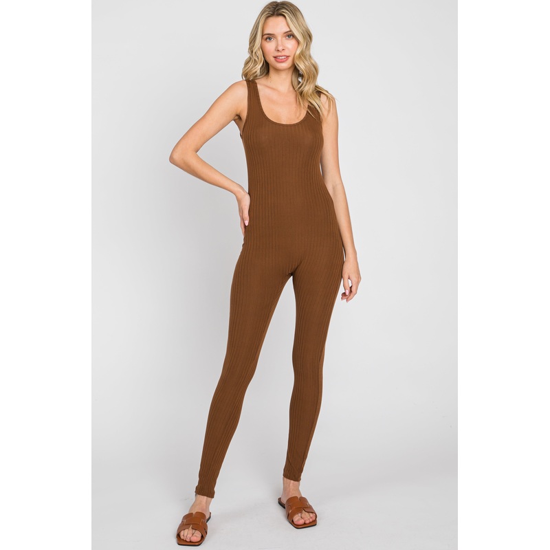 Brown Ribbed Bodycon Jumpsuit