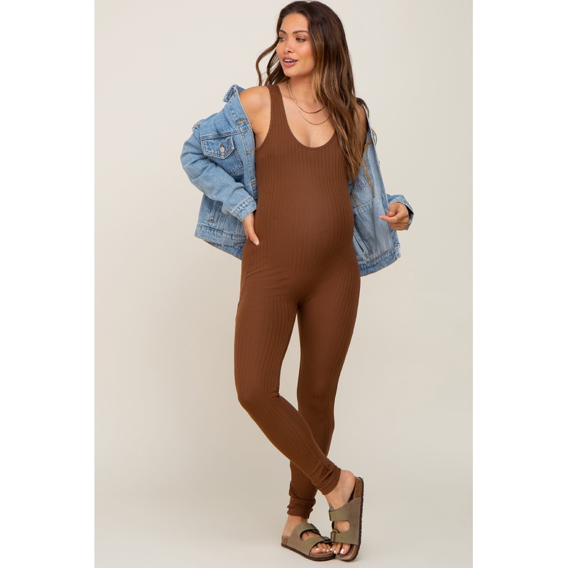 Brown Ribbed Bodycon Maternity Jumpsuit