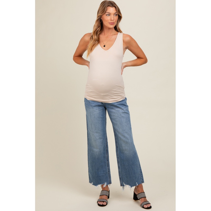 Light Blue Distressed Cropped Straight Leg Maternity Jeans