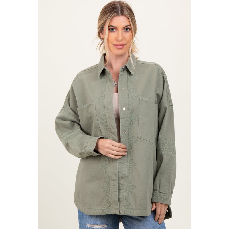 Light Olive Embroidered Snap Button Shirt Jacket