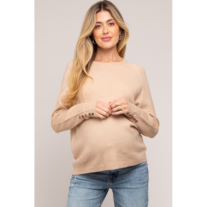 Beige Button Accent Solid Maternity Sweater