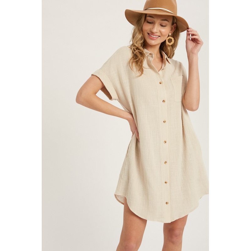 Beige Button Up Shirt Dress With Pocket