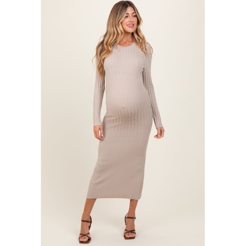 Beige Ribbed Knit Fitted Maternity Midi Sweater Dress