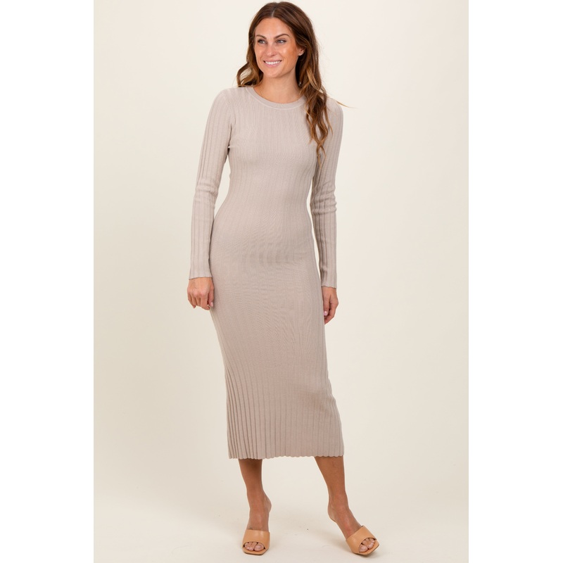 Beige Ribbed Knit Fitted Midi Sweater Dress