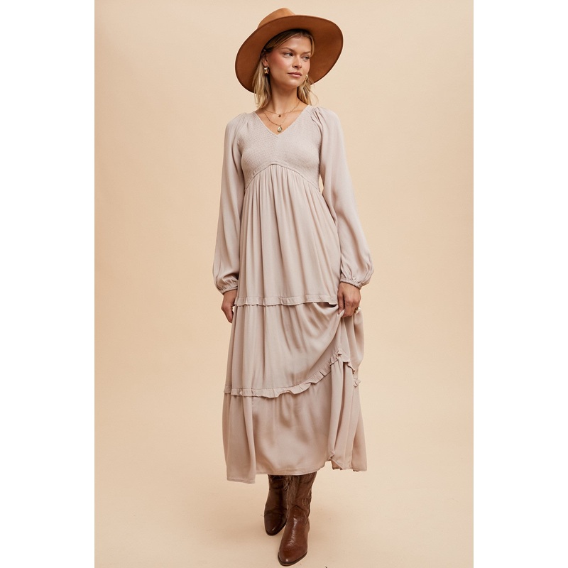 Beige Smocked V-Neck Ruffle Tiered Maxi Dress