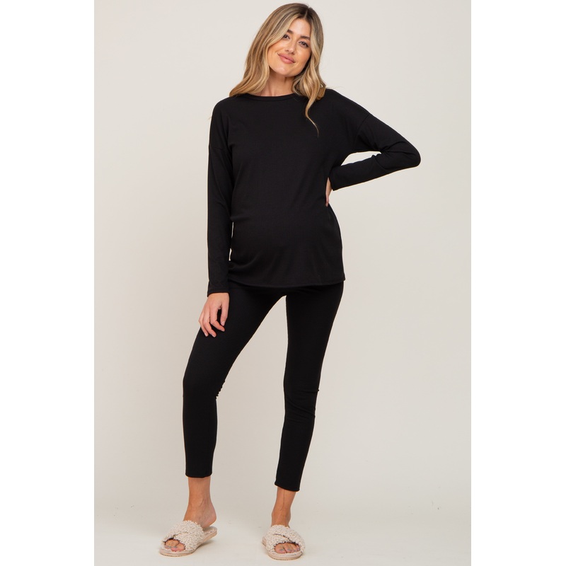 Black Ribbed Long Sleeve Maternity Pajama Pants Set