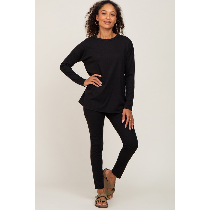 Black Ribbed Long Sleeve Pajama Pants Set