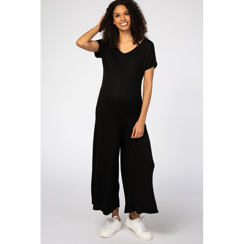 Black Short Sleeve Wide Leg Maternity Jumpsuit