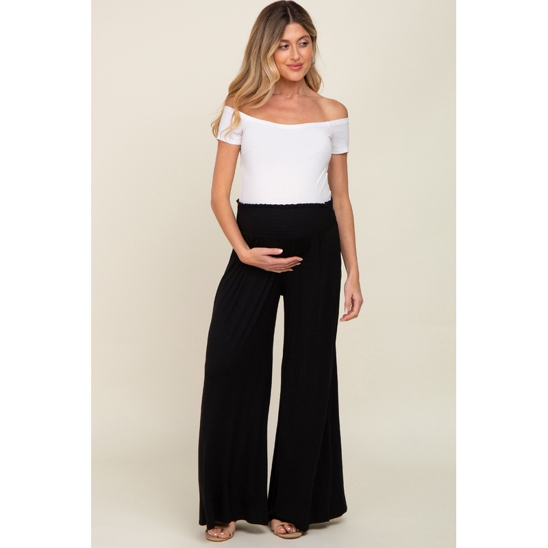 Black Smocked Waist Flowy Maternity Pants