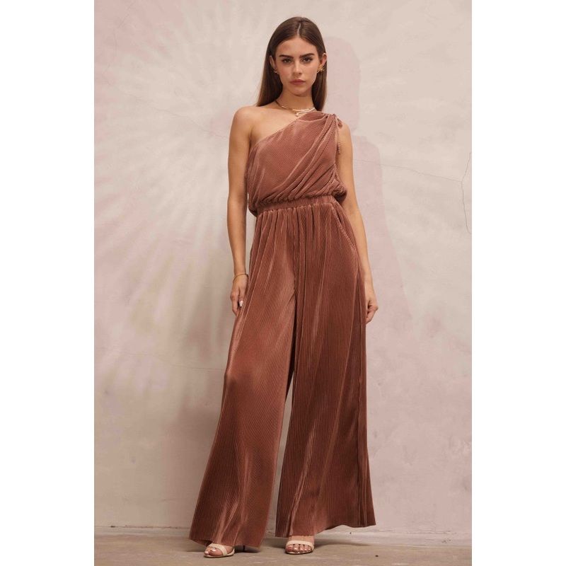 Dark Bronze Asymmetric Pleated Jumpsuit