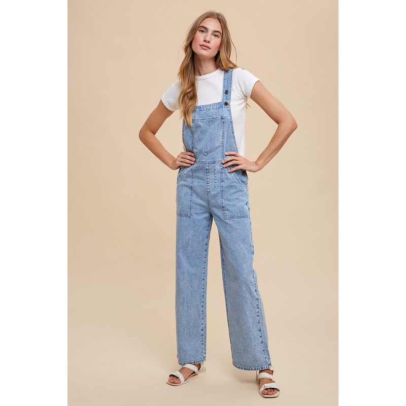 Light Denim Soft Mineral Wash Straight Wide Leg Overall Jeans
