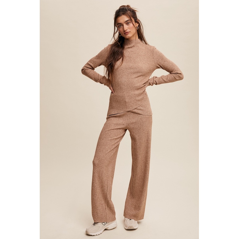 Tan Petal Hem Ribbed Knit Long Sleeve And Pants Set