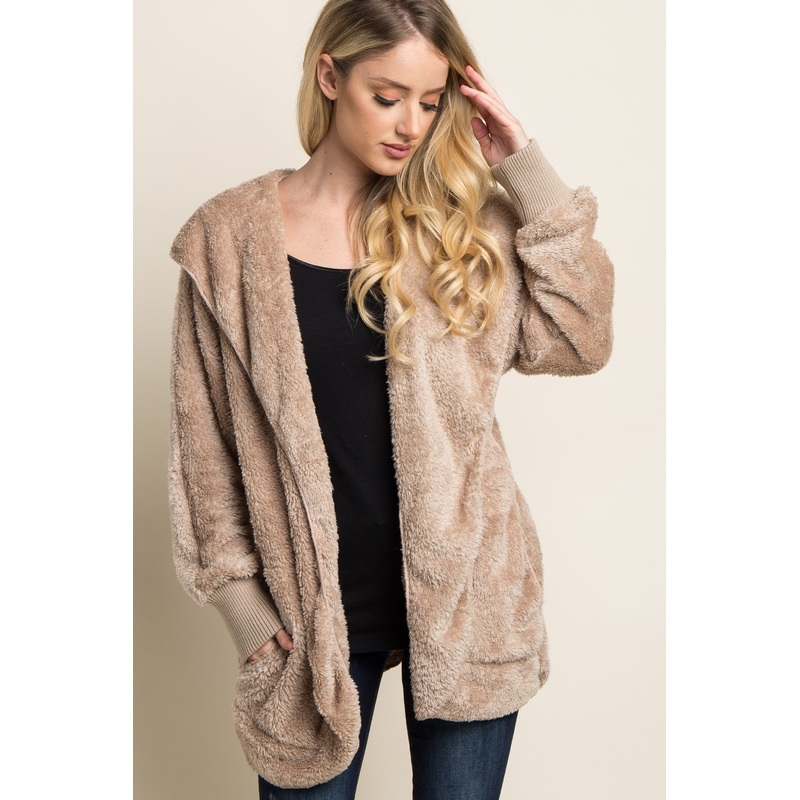 Taupe Fuzzy Hooded Long Sleeve Jacket