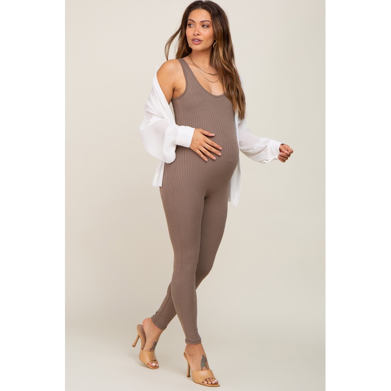 Taupe Ribbed Bodycon Maternity Jumpsuit