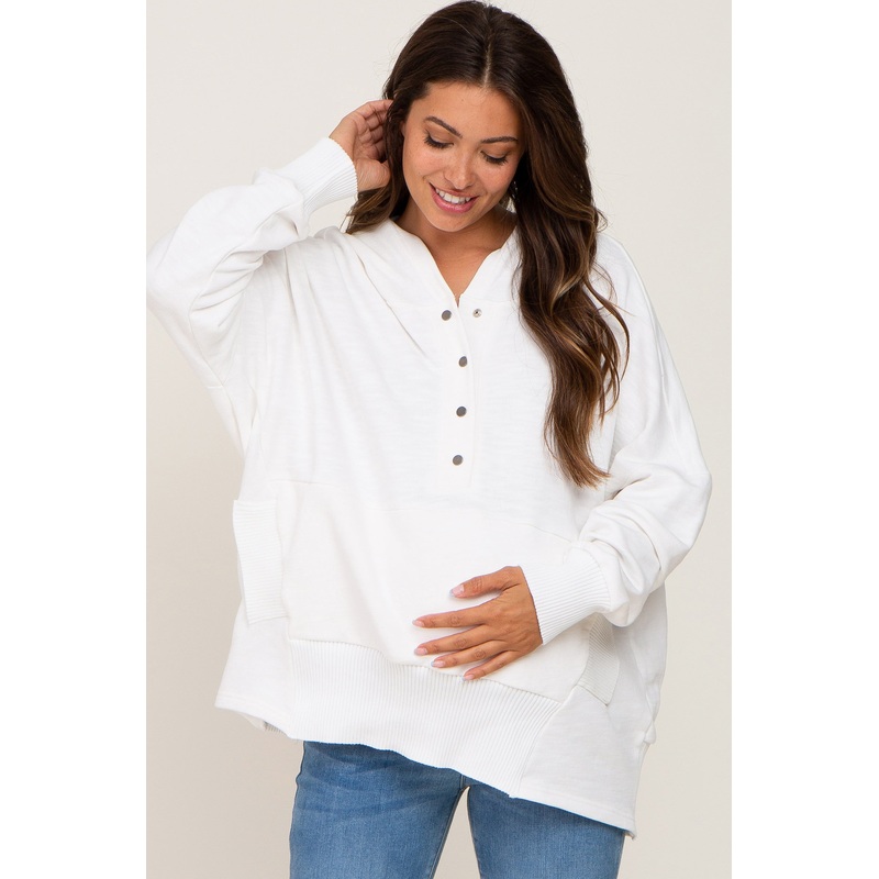 White Button Front Ribbed Trim Hooded Maternity Sweatshirt