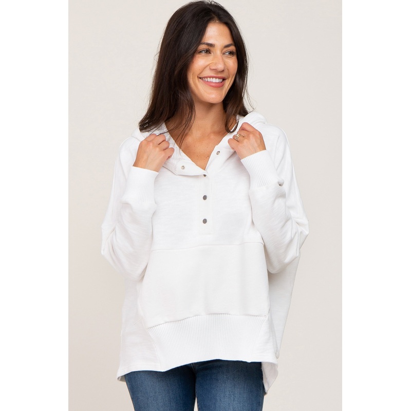 White Button Front Ribbed Trim Hooded Sweatshirt