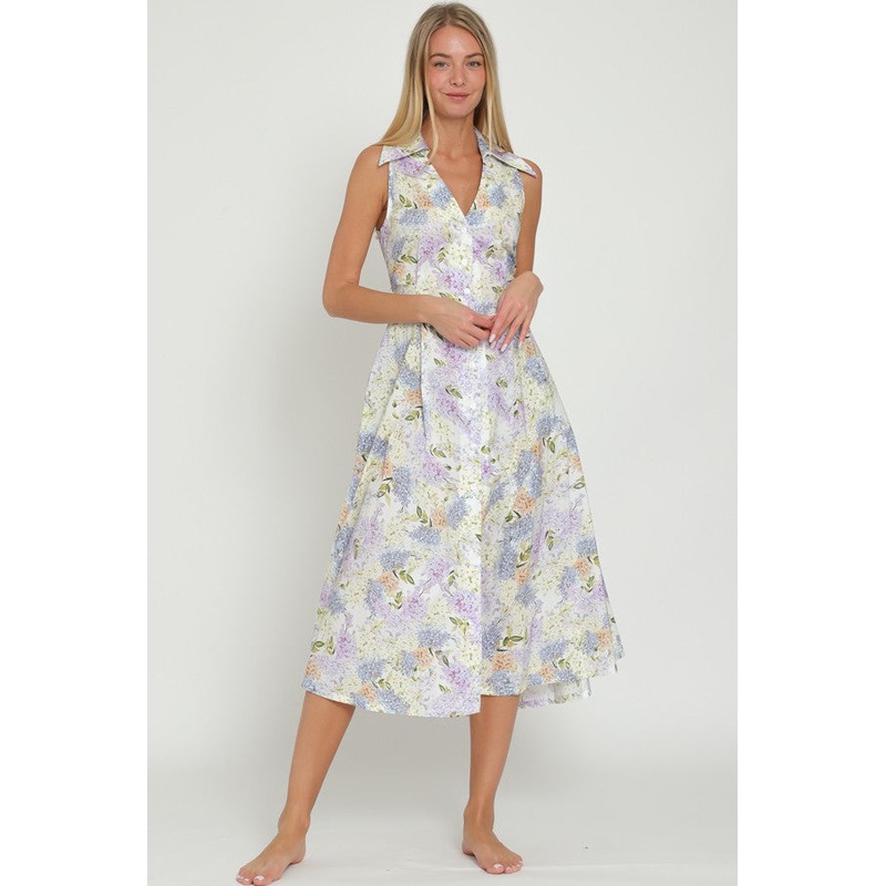 White Light Blue Sleeveless Collar & Button Down Tie Back Midi
