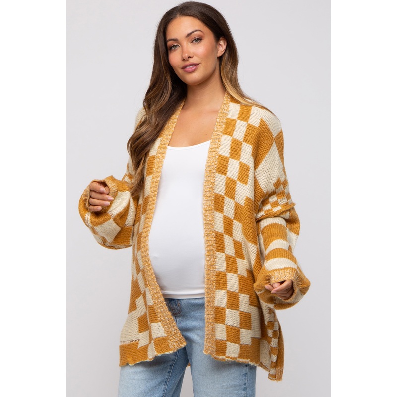 Yellow Checkered Plaid Maternity Oversized Cardigan