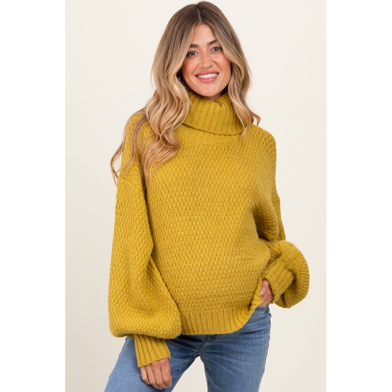 Yellow Chunky Knit Turtleneck Maternity Sweater