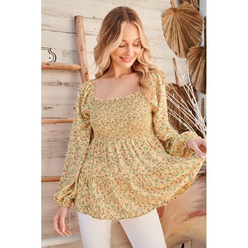 Yellow Floral Long Sleeve Blouse