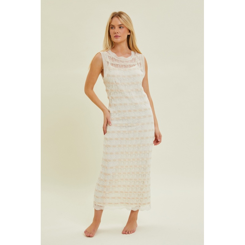 Beige Crochet Knit Sleeveless Midi Dress