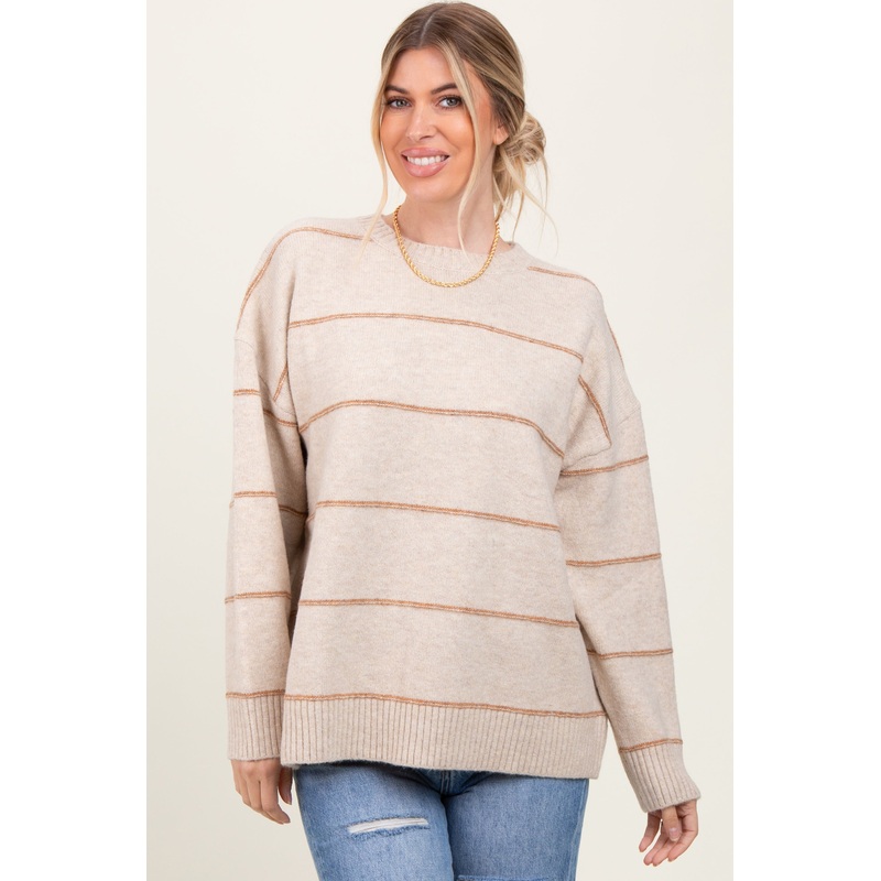 Beige Striped Drop Shoulder Sweater