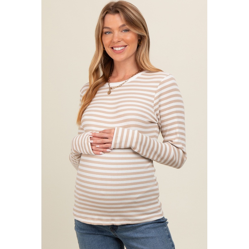 Beige Striped Long Sleeve Ribbed Maternity Top