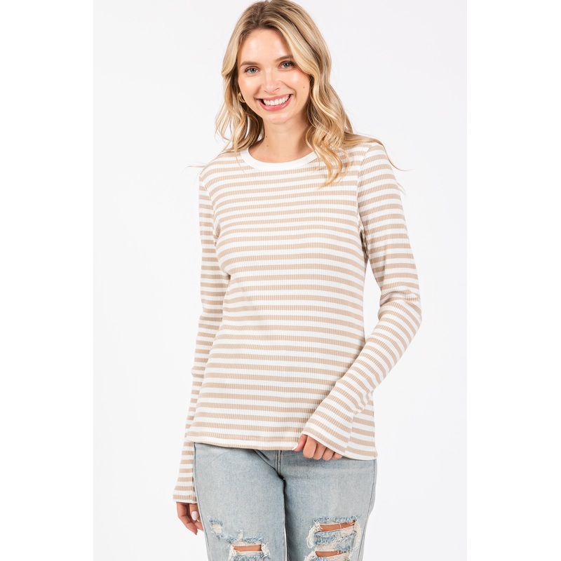 Beige Striped Long Sleeve Ribbed Top