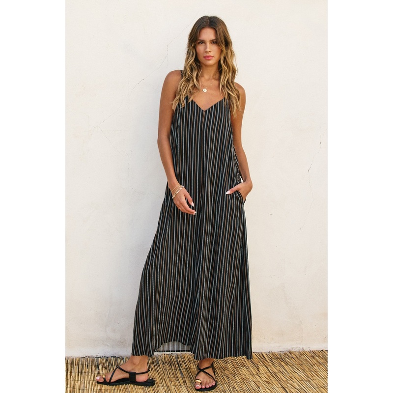 Black Striped Wide Leg Sleeveless Jumpsuit