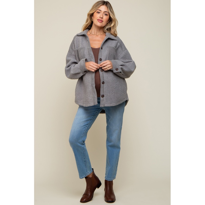 Grey Colorblock Fleece Maternity Shirt Jacket