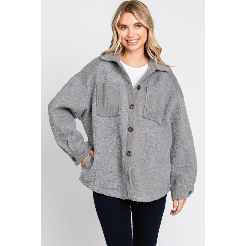 Grey Colorblock Fleece Shirt Jacket