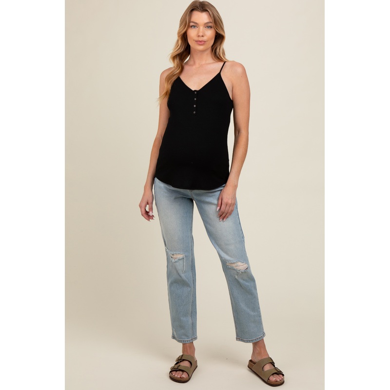 Light Blue Open Knee Straight Leg Maternity Jeans