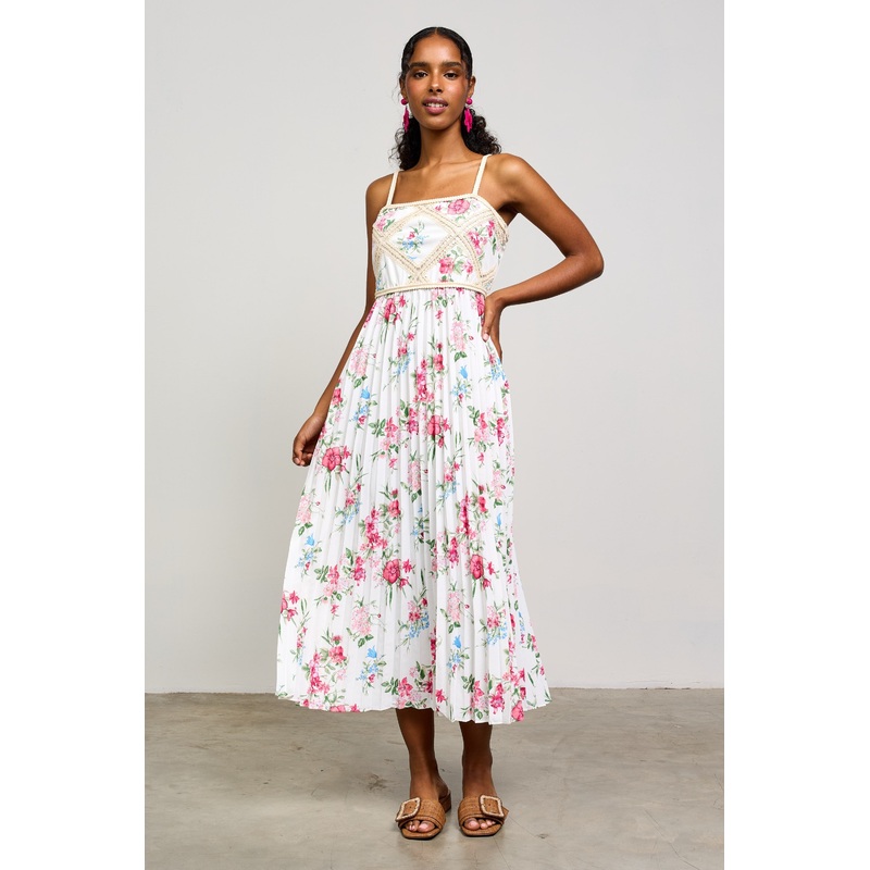 White Floral Pleated Crotchet Detail Midi Dress