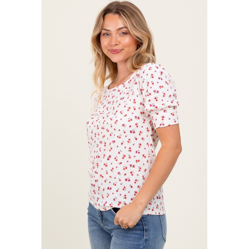 White Floral Ribbed Puff Sleeve Top