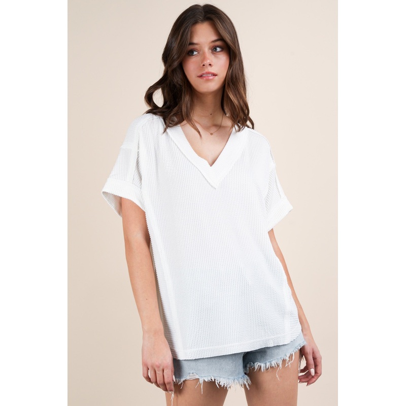 White Ribbed Raw Hem Short Sleeve Top