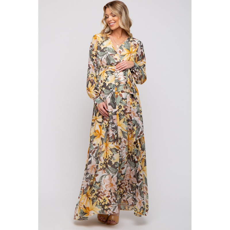 Yellow Floral Chiffon Wrap Front V-Neck Long Sleeve Maternity Maxi Dress