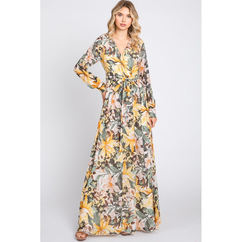 Yellow Floral Chiffon Wrap Front V-Neck Long Sleeve Maxi Dress