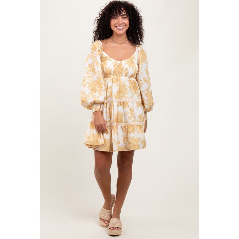 Yellow Floral Smocked Bubble Sleeve Tiered Dress