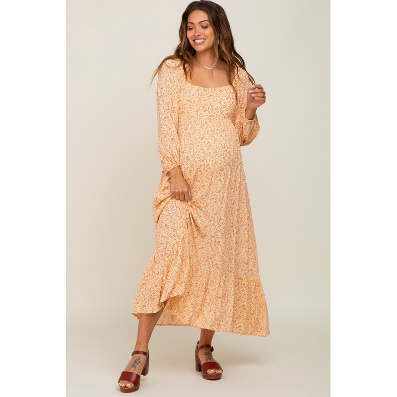 Yellow Floral Square Neck 3/4 Sleeve Maternity Midi Dress