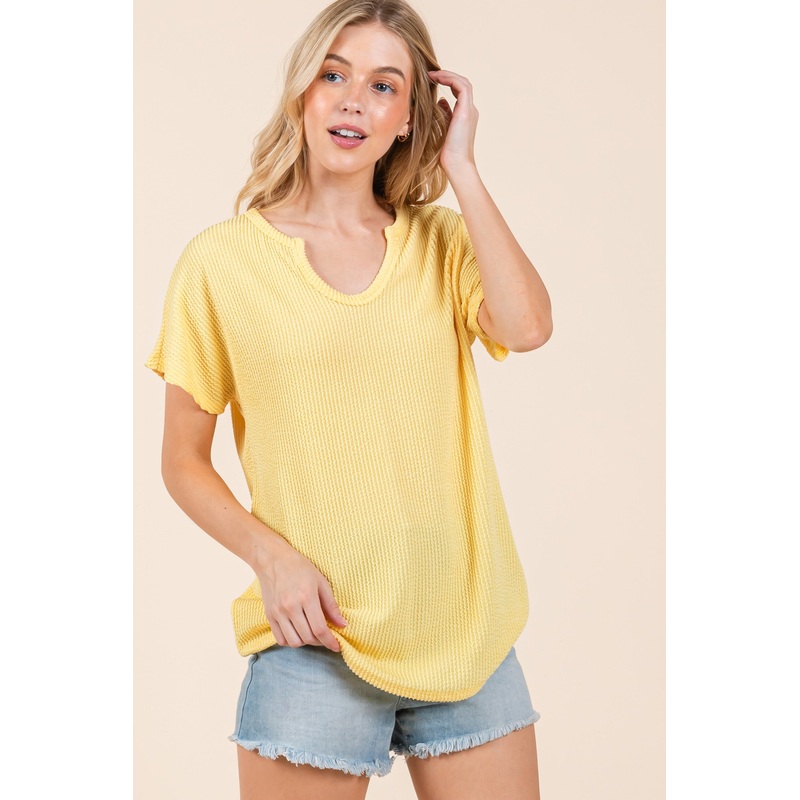 Yellow Ribbed Notched Neckline Top