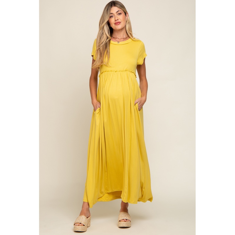 Yellow Short Sleeve Pocketed Maternity Maxi Dress